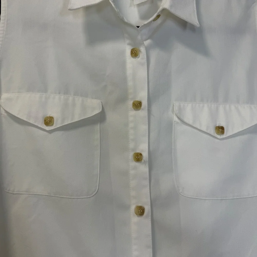 Darlyn Designs Vintage White Sleeveless Button Up Blouse‎ Pocket Shirt Small